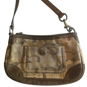 Coach Signature Jacquard Mini Shoulder Bag Brown Tan Leather Trim Y2K Vintage